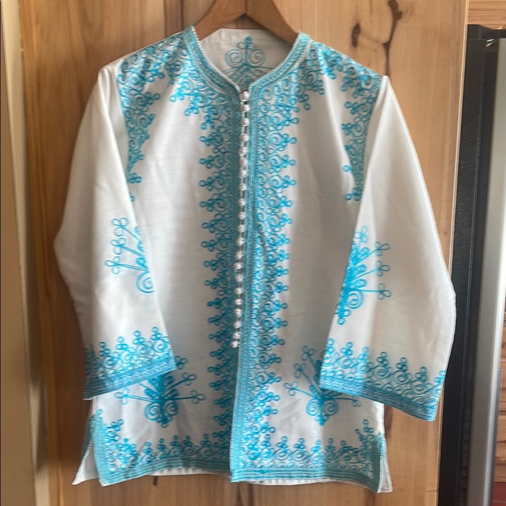 Unbranded White and Blue Moroccan Style Embroidered Jacket/Tunic